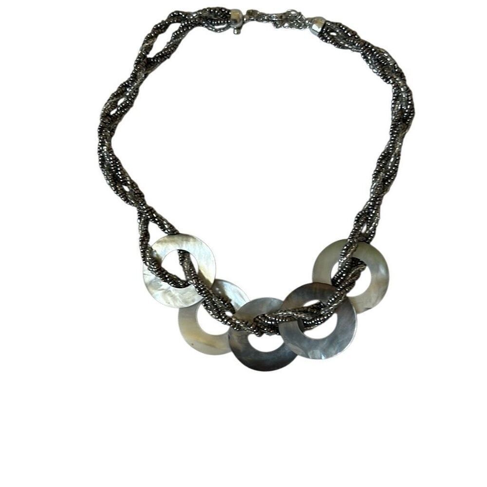 Abalone Shell Disk Braided Silver and Clear Beaded  Adjustable Length Necklace Y